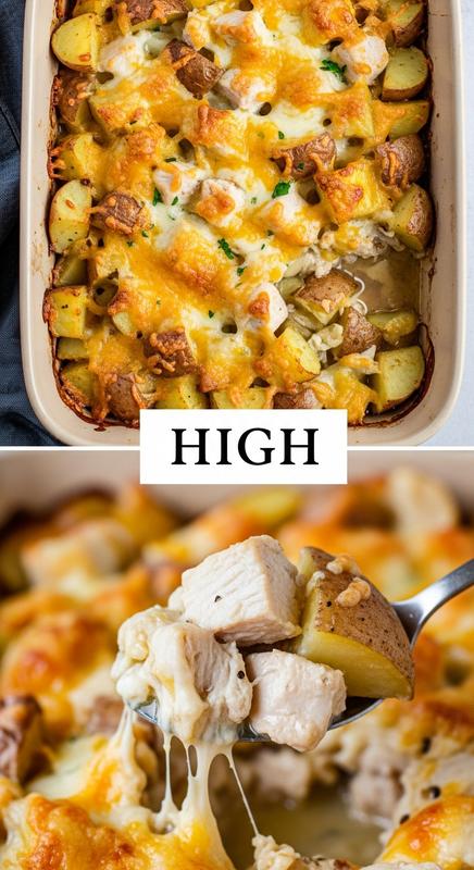 Creamy chicken and potato bake in a ceramic dish.