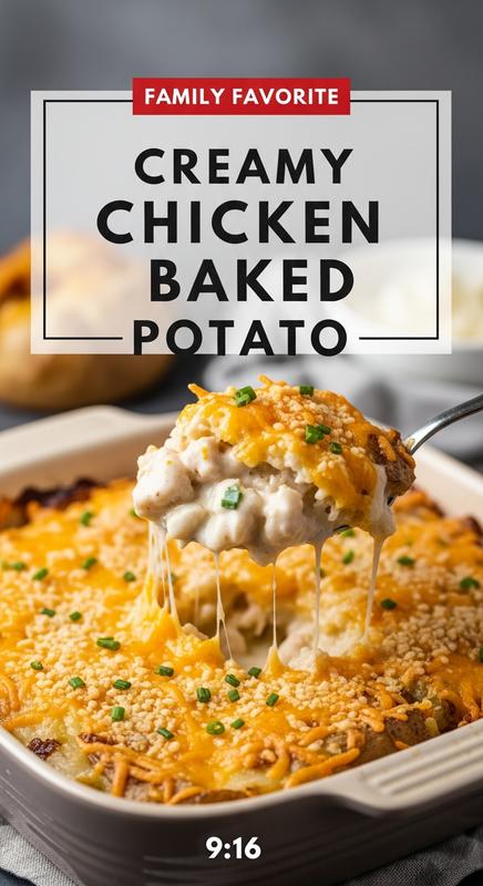 Cheesy chicken and potatoes in a baking dish.