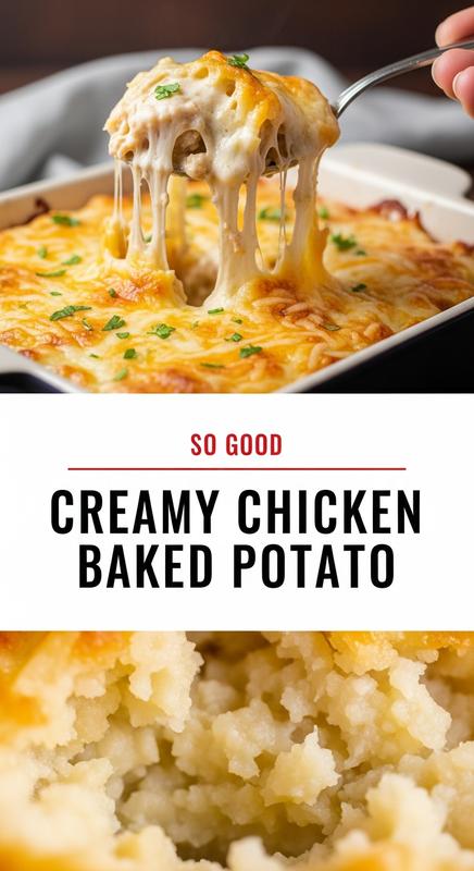 Creamy chicken and potato bake in ceramic dish.
