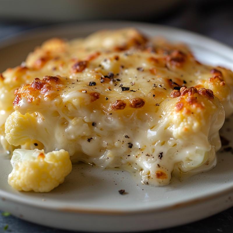 Close-up of a creamy cauliflower casserole topped with melted cheese on a light grey plate.