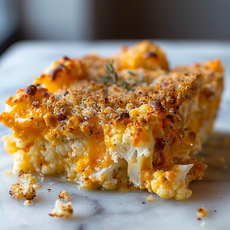 A close-up view of a loaded cauliflower casserole on a light grey plate, showcasing creamy texture and toppings.