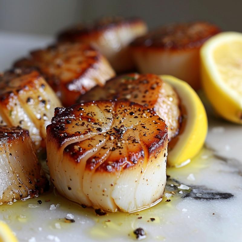 Close-up of golden brown pan-seared scallops on white marble.