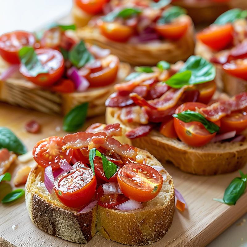 Close up of tomato bacon bruschetta on wood.