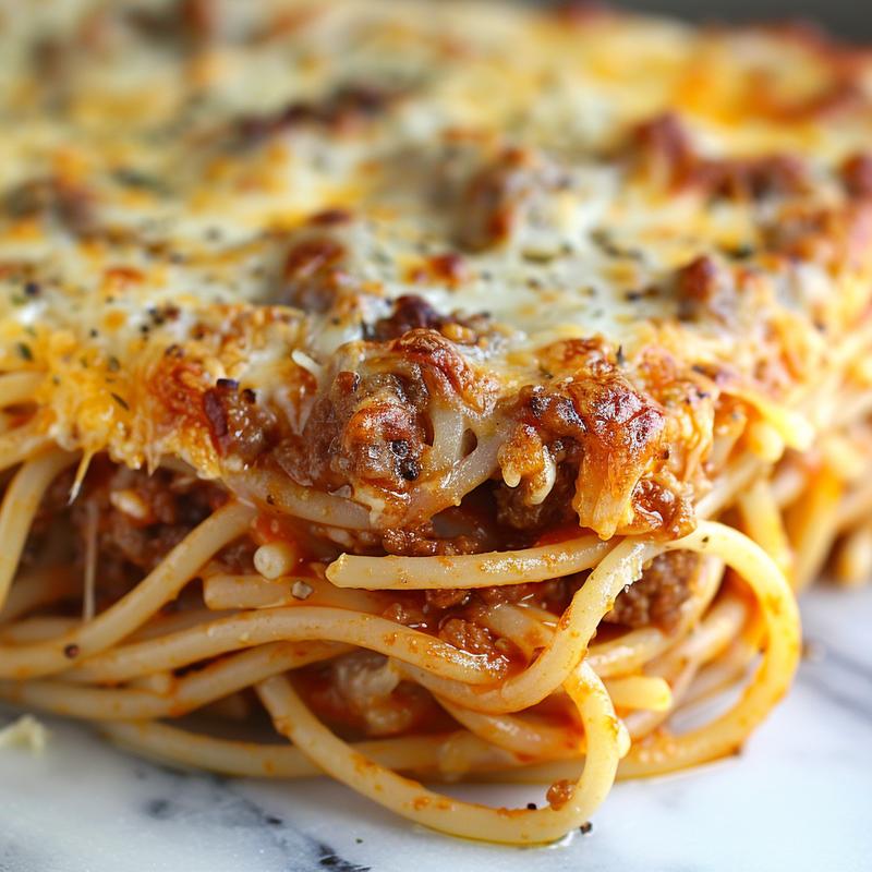 Close-up of cheesy baked spaghetti on a white marble surface.