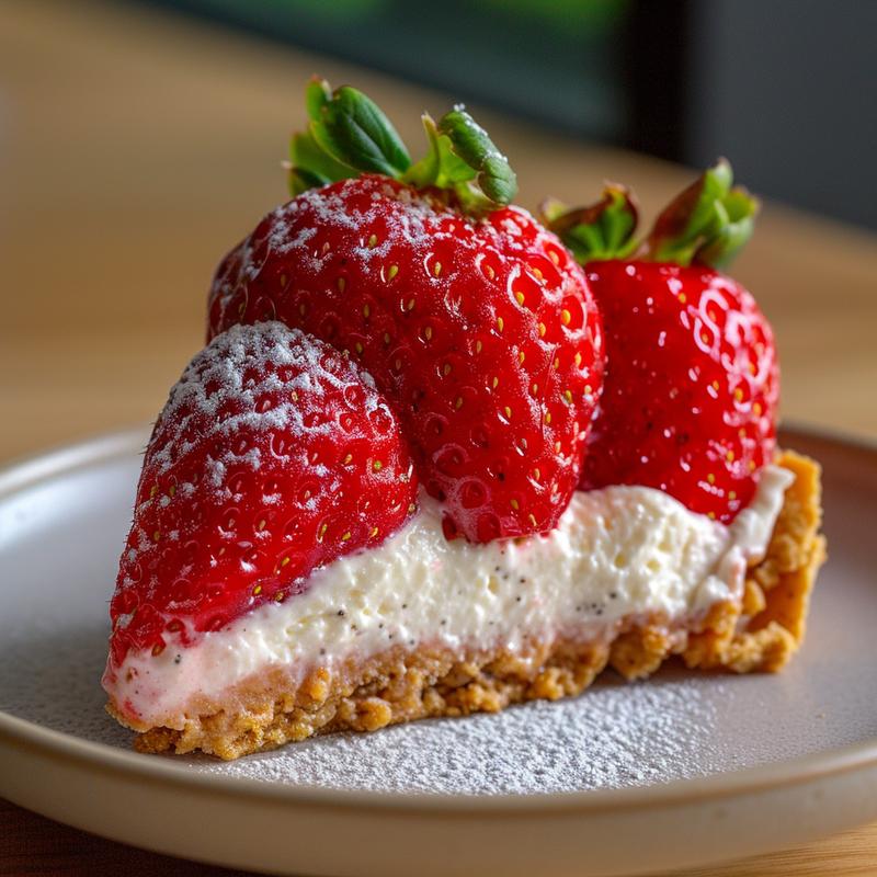 Close-up of cheesecake-stuffed strawberries on a plate.