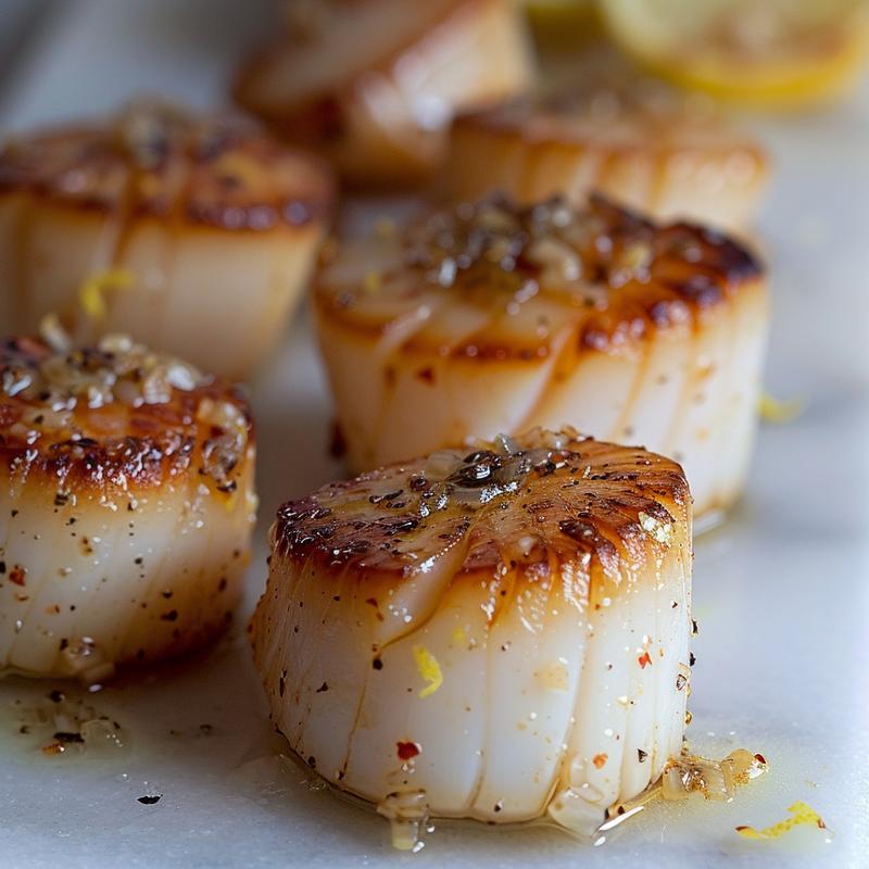 Close-up of seared scallops with garlic butter on a white surface.