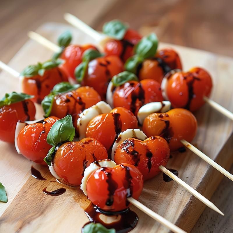 Heart-shaped Caprese skewers with tomatoes, mozzarella, and basil on a light wood board.