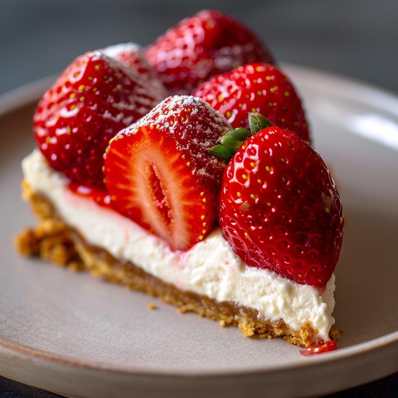 Close-up of cheesecake-filled strawberries on a gray plate.