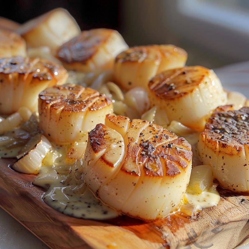 Close-up of seared scallops in Cajun cream sauce on a wooden board.