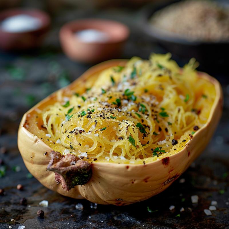 Close-up of roasted spaghetti squash strands on a dark surface.