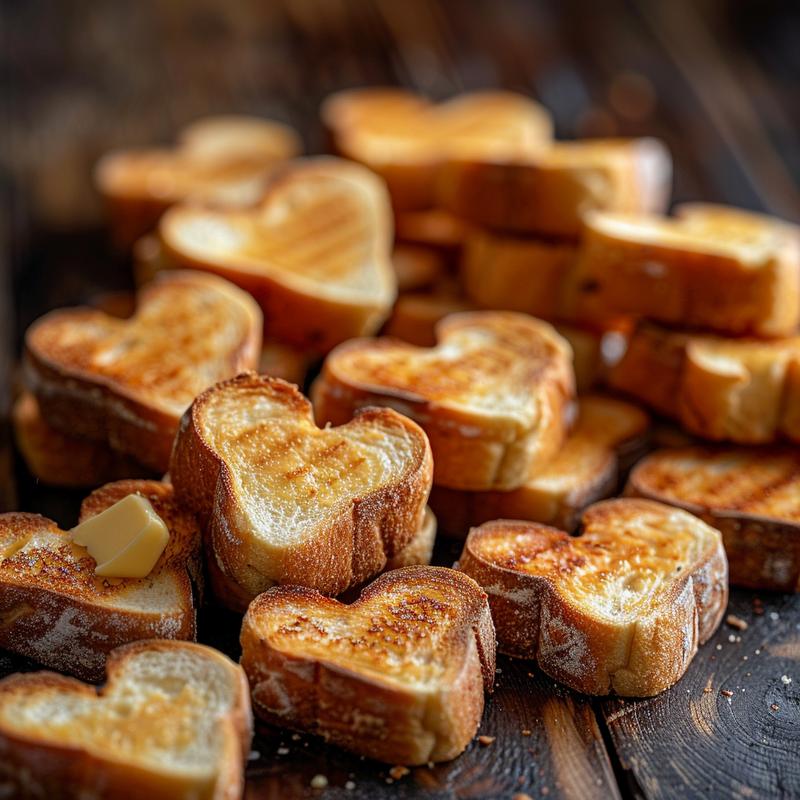Close-up of heart-shaped grilled cheese sandwiches on a dark wood surface.