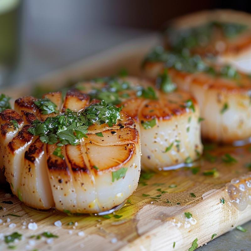 Close-up of seared scallops with green sauce on a light wooden board.