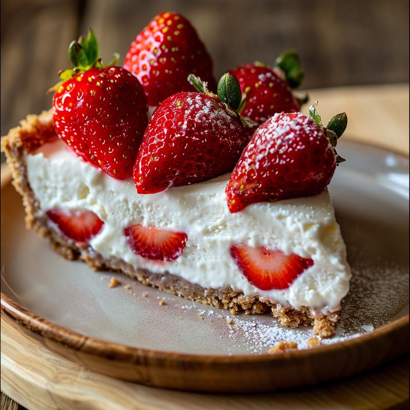 Close-up of cheesecake-stuffed strawberries on a light wood board.