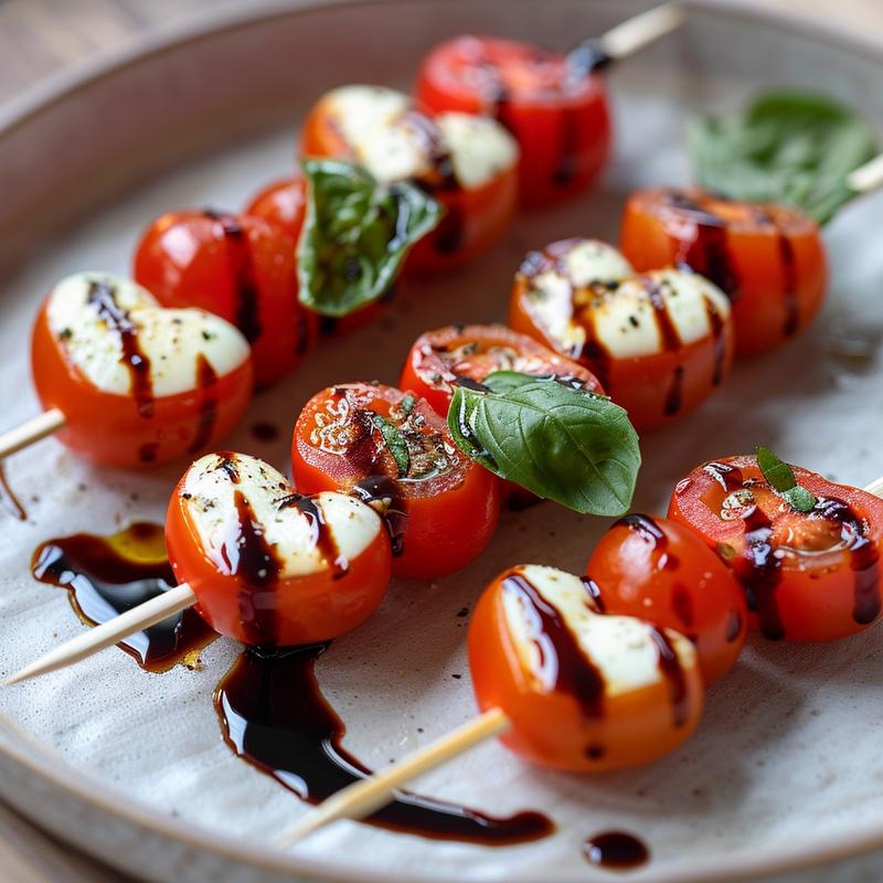 Close-up of heart-shaped Caprese skewers on a light grey plate.