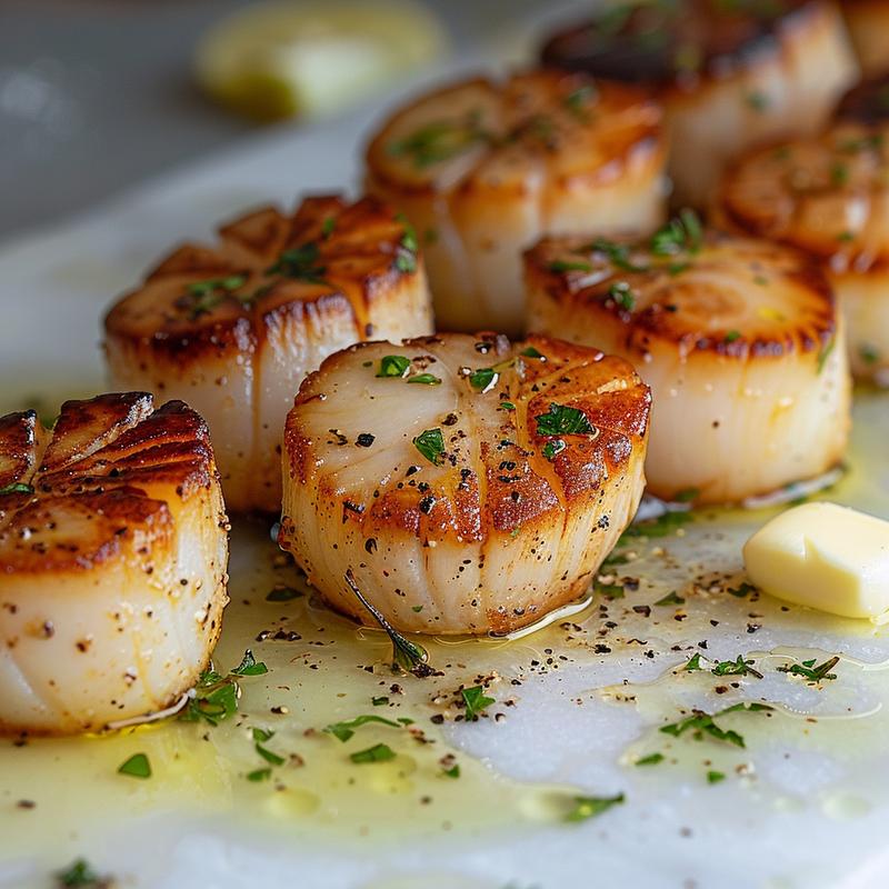 Close-up of seared scallops with lemon butter sauce on white marble.