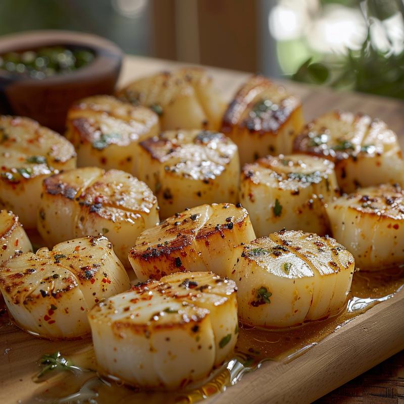 Close-up of seared scallops with creamy sauce on a wooden board.