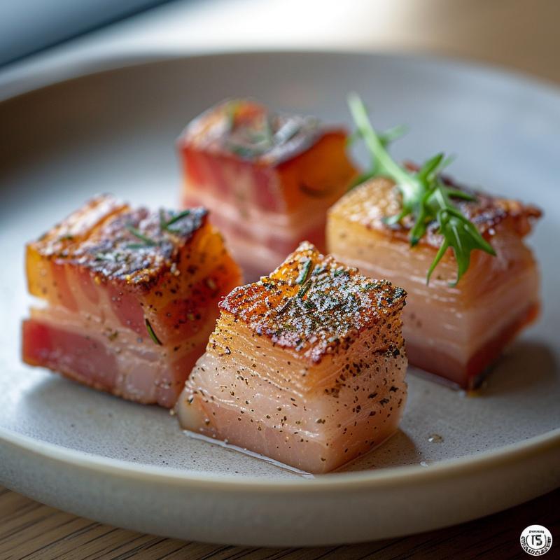 Close-up of scallop appetizers with saffron and pancetta.
