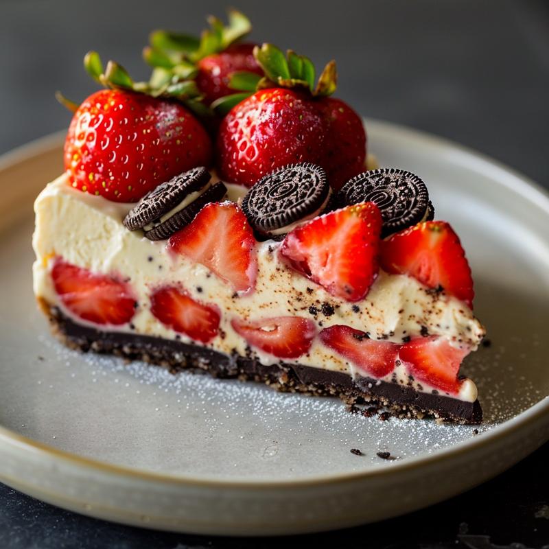 Close-up of Oreo cheesecake stuffed strawberry on a grey plate.