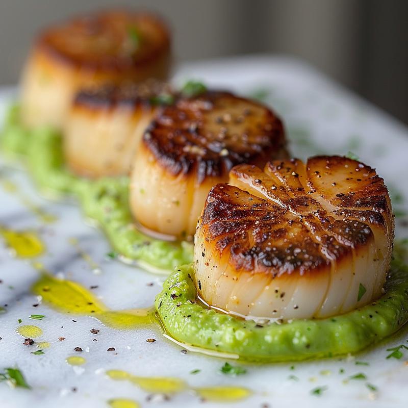 Close-up of garlic butter scallops atop pea puree on white marble.