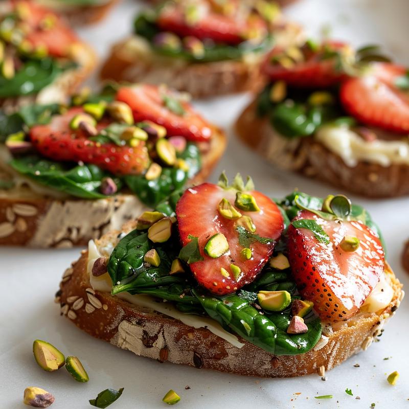 Close-up of a strawberry, spinach, and pistachio crostini.
