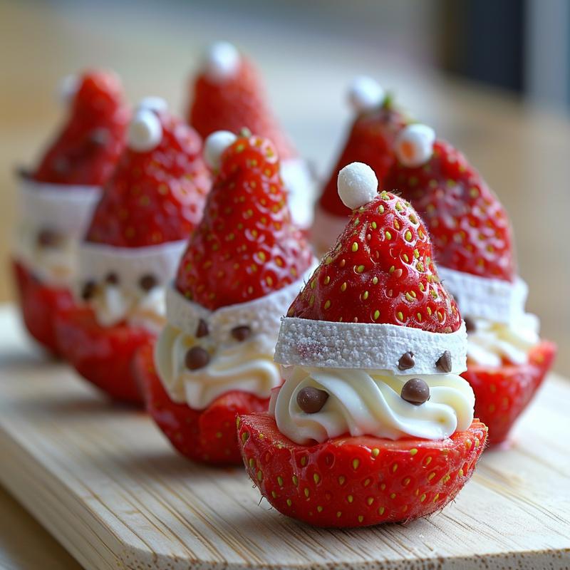 Three strawberry Santas on a light wood board, topped with whipped cream hats and mini chocolate chip eyes.