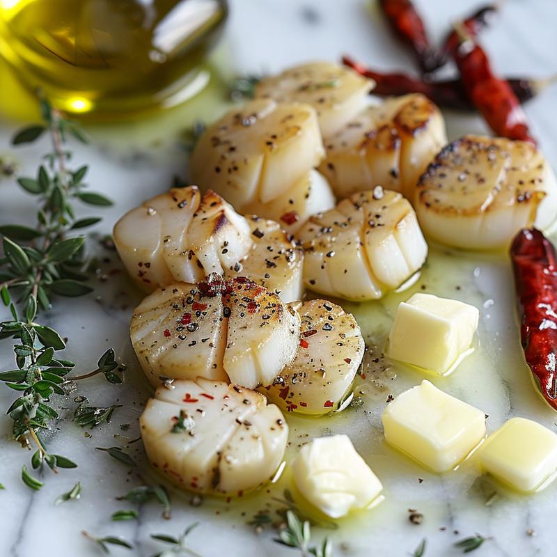 Close-up of perfectly seared scallops on white marble.
