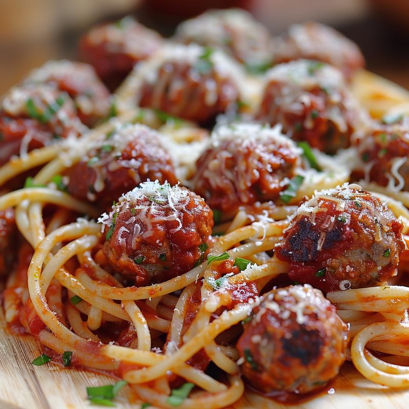 Close-up of baked spaghetti with meatballs, cheese melted on top.