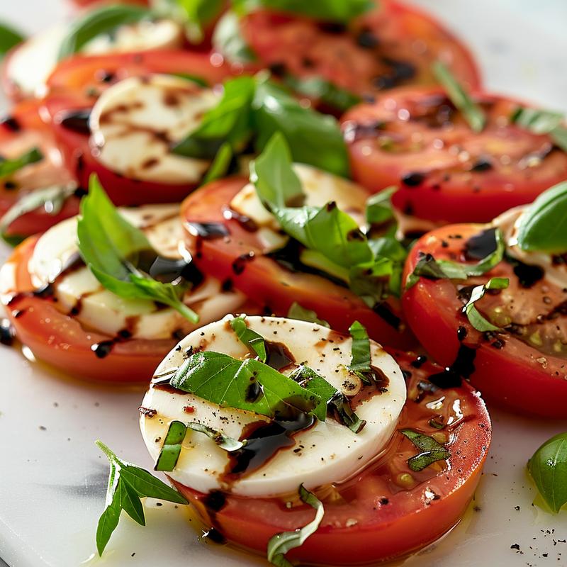 Heart-shaped Caprese salad featuring tomatoes, mozzarella, basil, and balsamic glaze on marble.