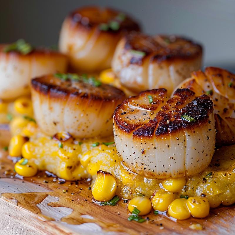 Close-up of seared scallops on sweet corn puree.