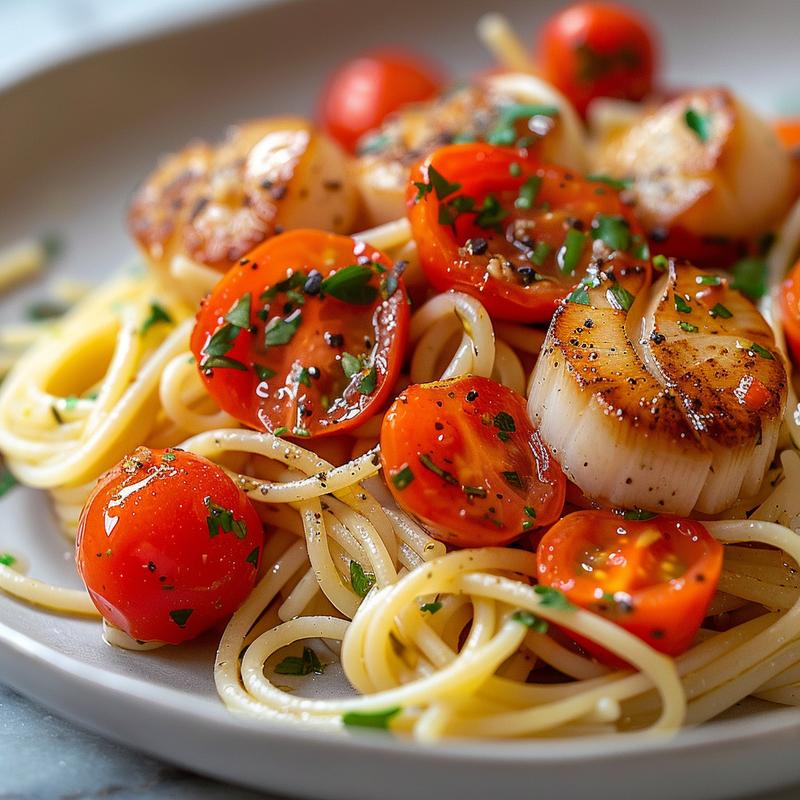 Close-up of seared scallop pasta with tomatoes and herbs on a grey plate.