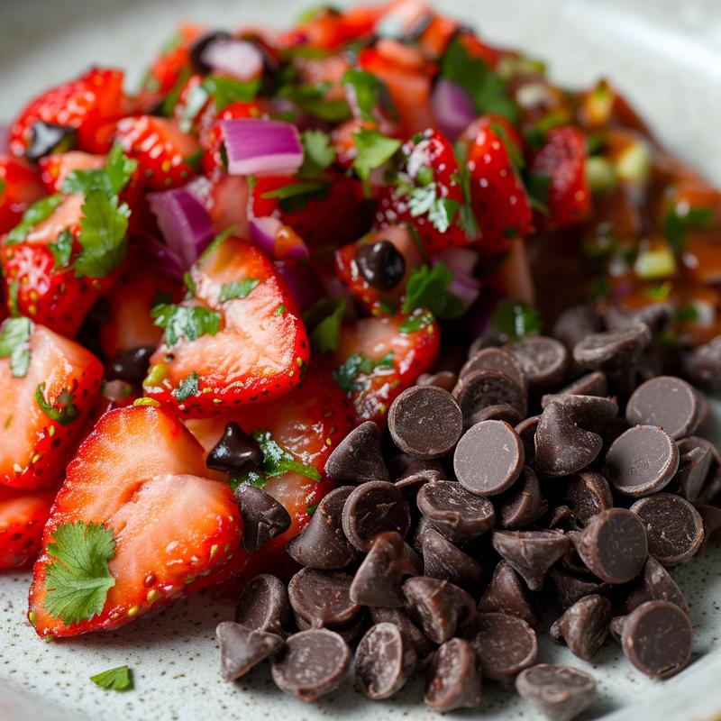 Close-up of strawberry salsa with chocolate chips on a grey plate.