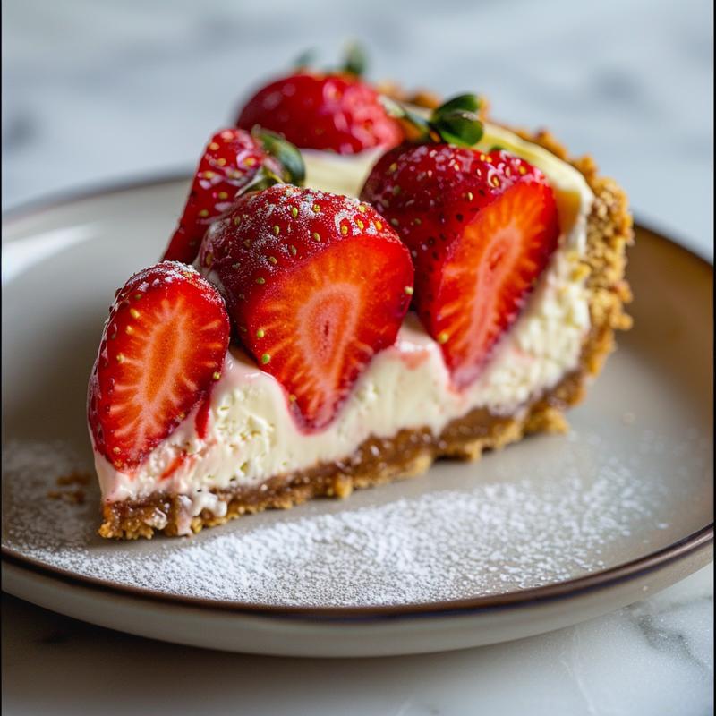 Close-up of cheesecake-stuffed strawberries on a white plate.