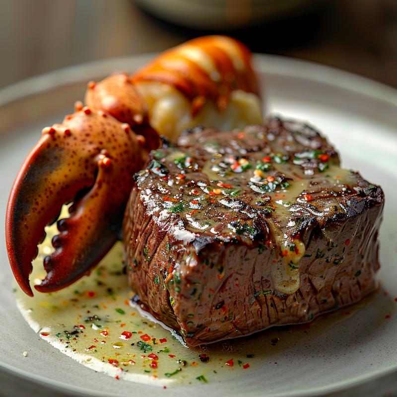 Close-up of surf and turf with creamy garlic sauce.