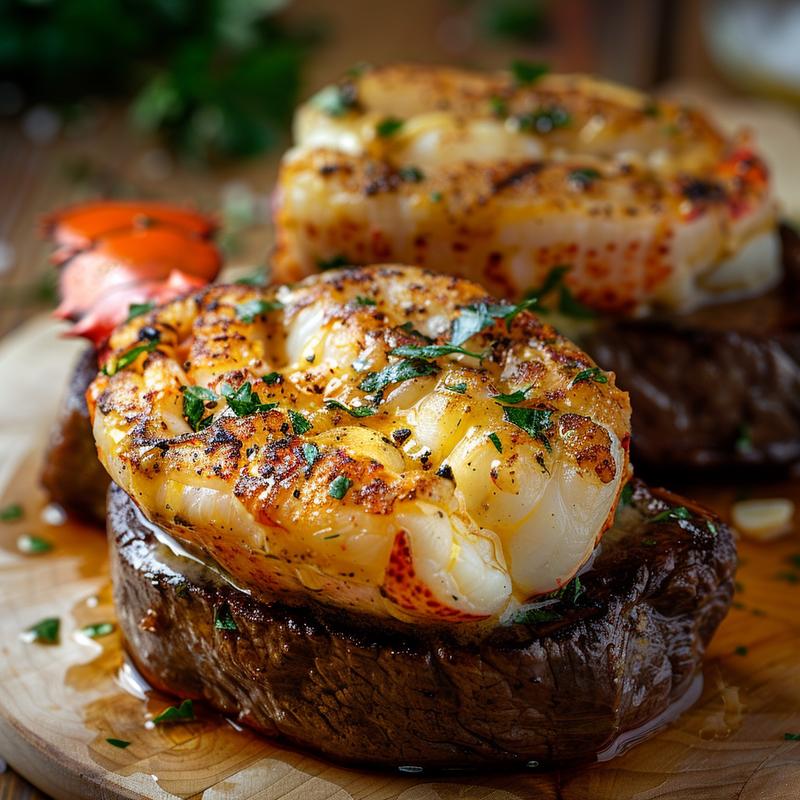 Close-up of surf and turf with lobster tails and steak on a wood board.