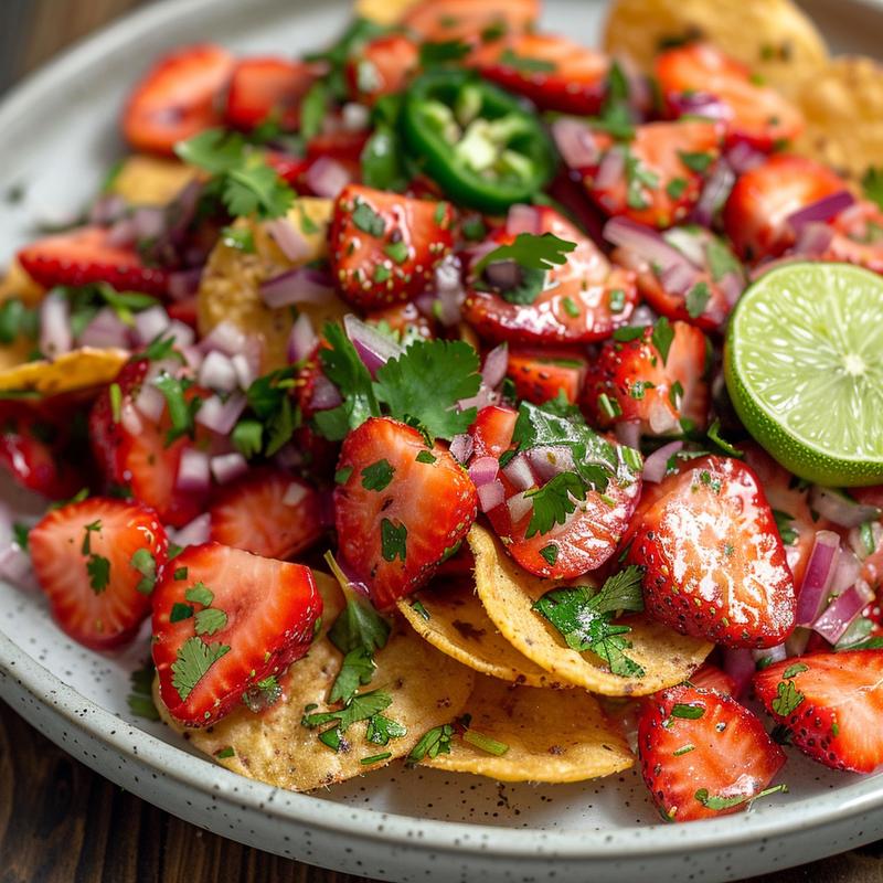 Close-up of vibrant strawberry salsa with chocolate chips on a light grey plate.