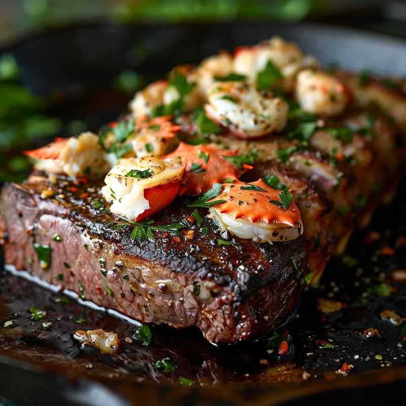 Close-up of lamb and crab surf and turf on cast iron.