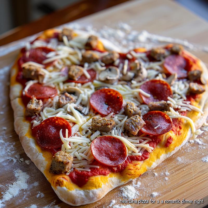 Close-up of a heart-shaped pizza with pepperoni, mushrooms, and olives on a wooden board.