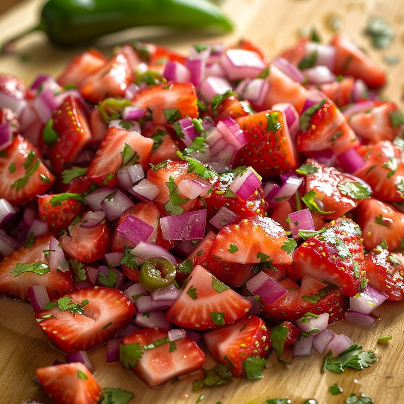 Close-up of vibrant strawberry salsa with visible ingredients.