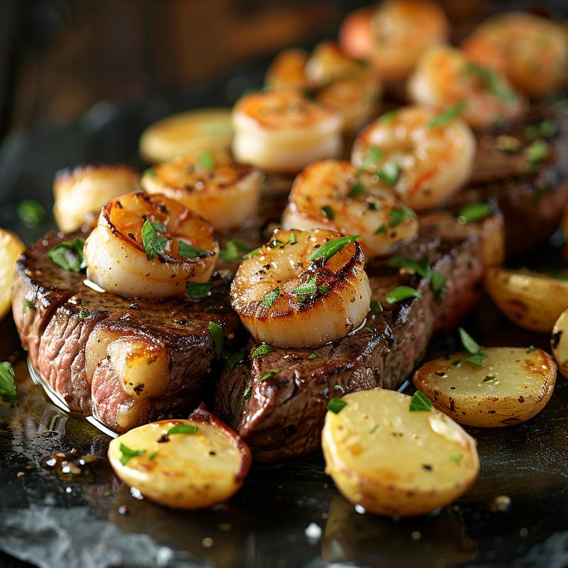 Close-up of surf and turf with scallops, shrimp, steak, and potatoes.