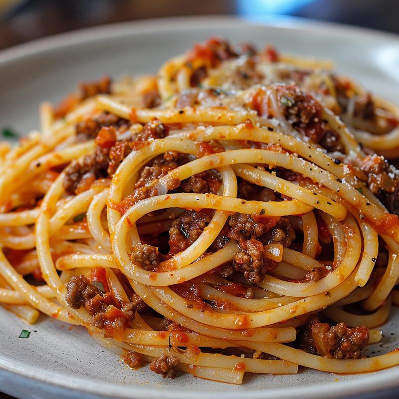 Close-up of baked spaghetti with visible ground beef and sauce.