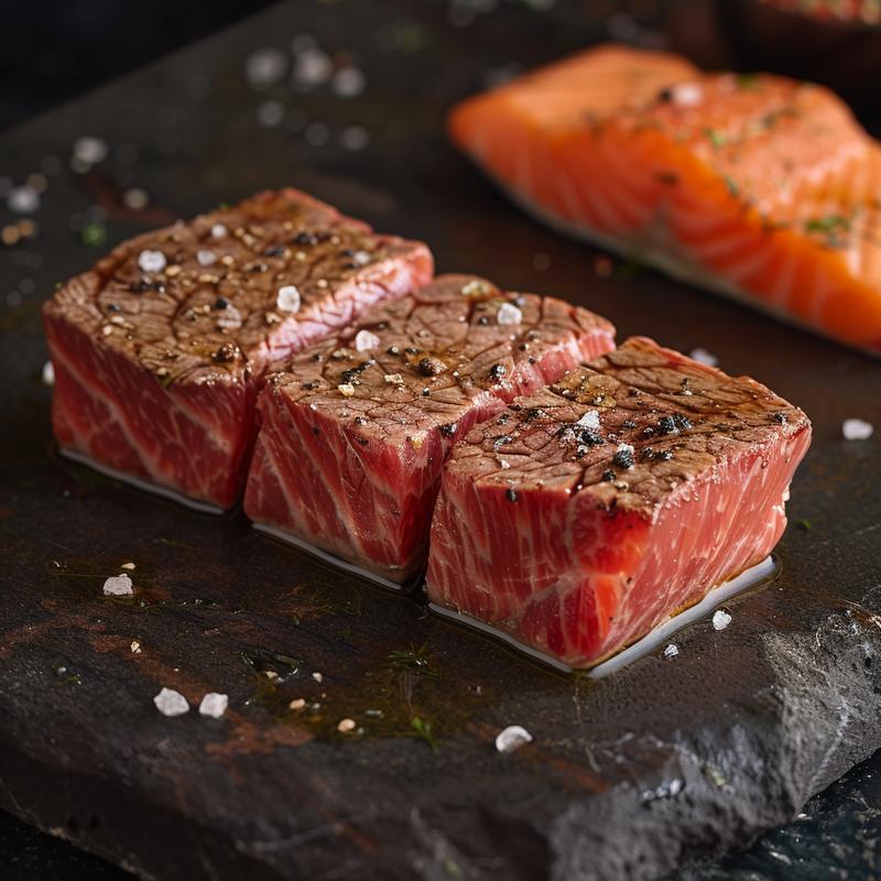 Close-up of steak and salmon on a dark surface.