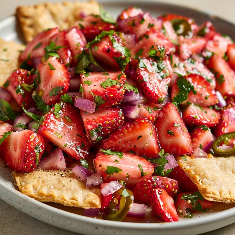 Close-up of strawberry salsa with pie crust chips on a light grey plate.