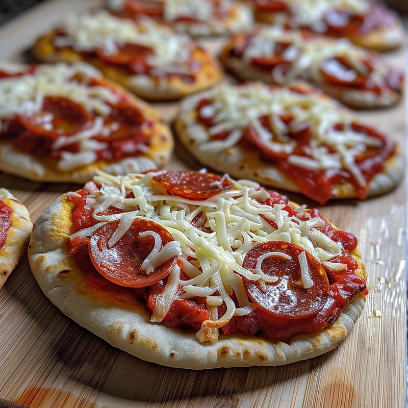 Close-up of mini heart-shaped pizzas on a light wooden board.