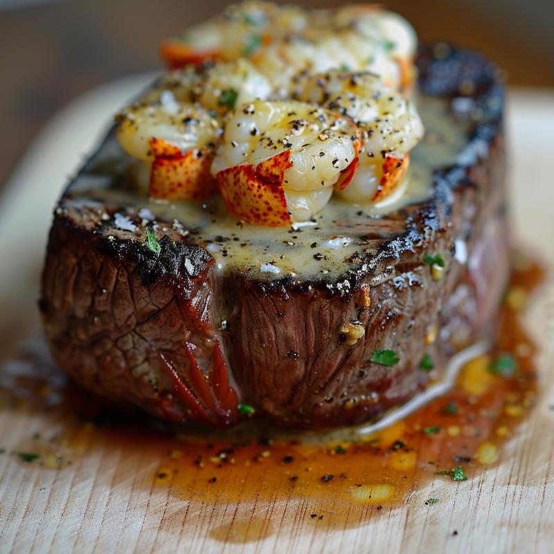 Close-up of surf and turf with creamy garlic sauce on a wooden board.