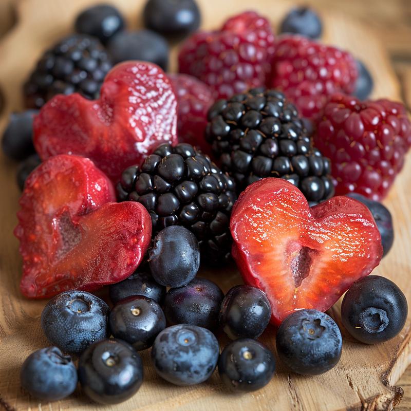 Heart-shaped box filled with colorful fresh berries on a wooden surface.