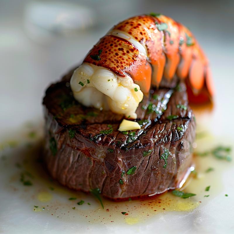 Close-up of surf and turf featuring filet mignon and lobster tail.