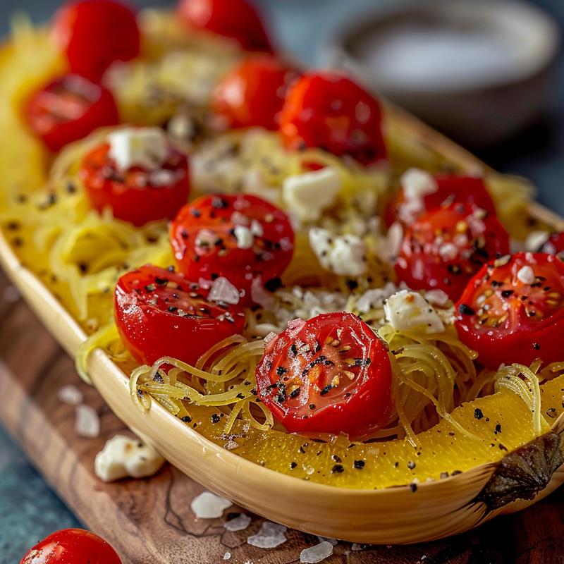 Close-up of baked feta and tomato on spaghetti squash.