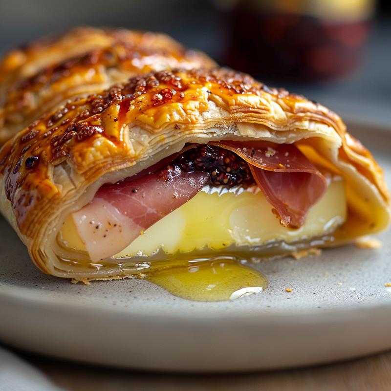 Close-up of baked brie in puff pastry on a grey plate.