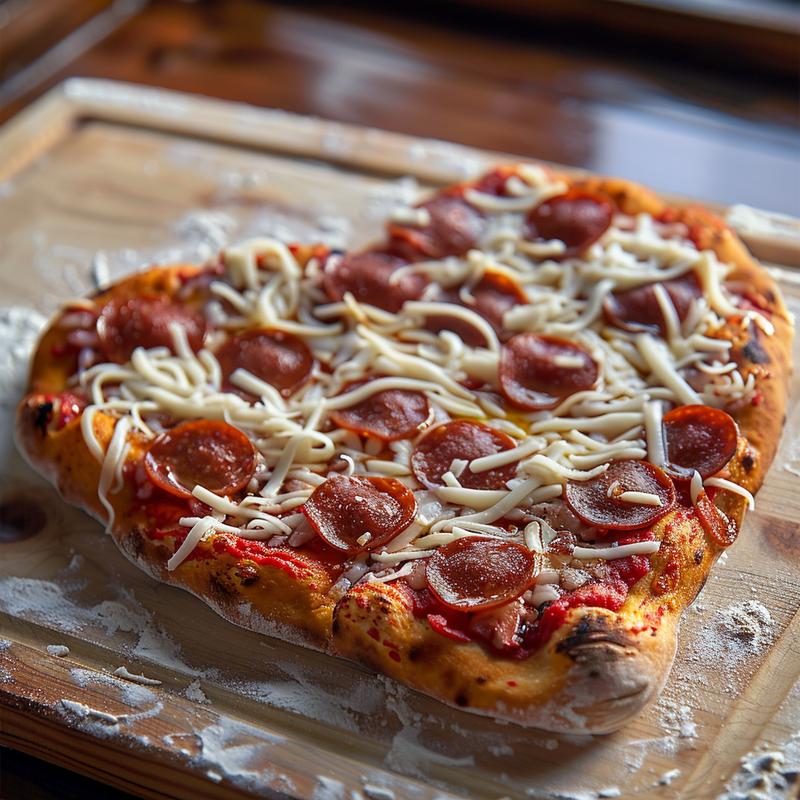 Heart-shaped pizza with pepperoni on a wood board.