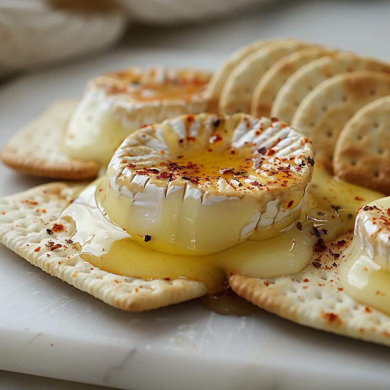 Close-up of baked brie on a marble board with visible honey, red pepper flakes, and crackers.